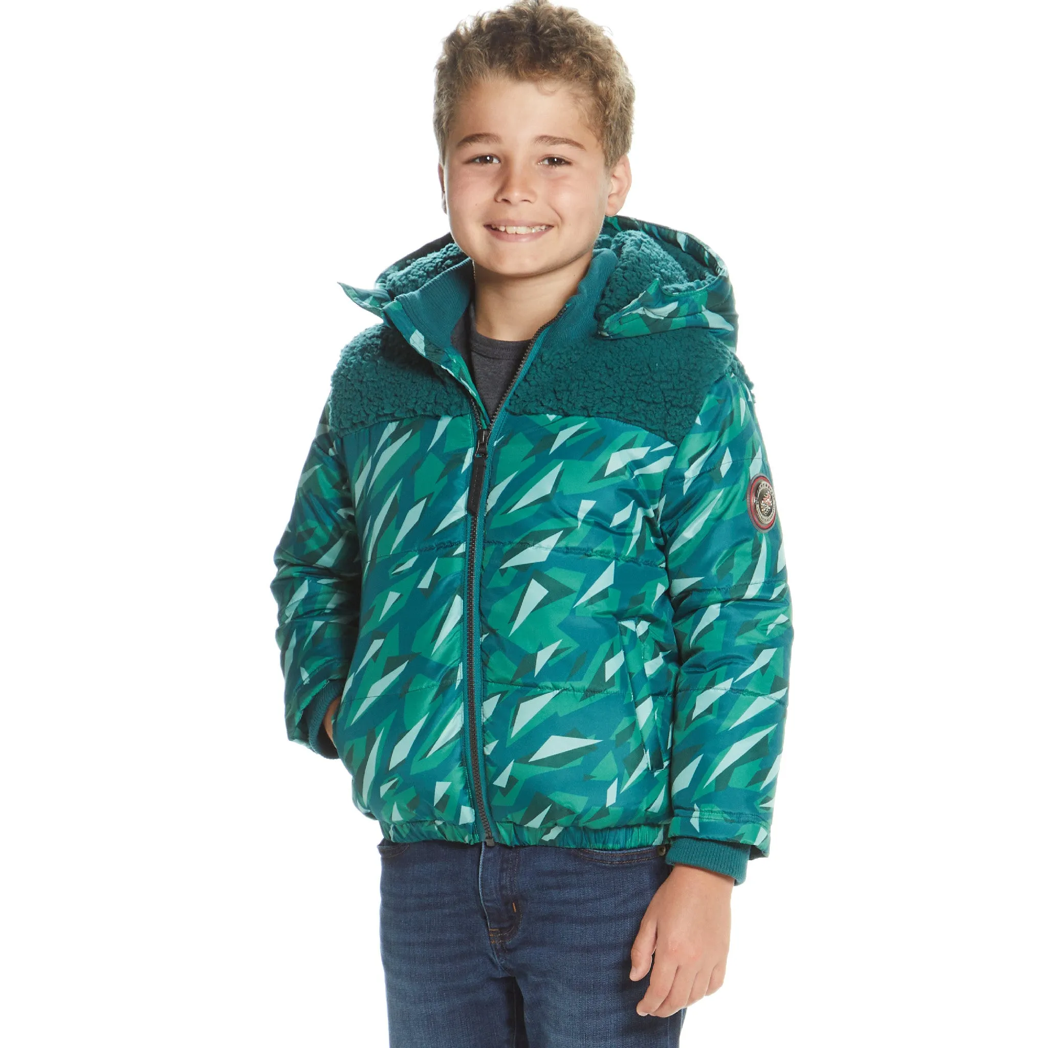 Boys Geo Camo Sherpa Shoulder Puffer Coat