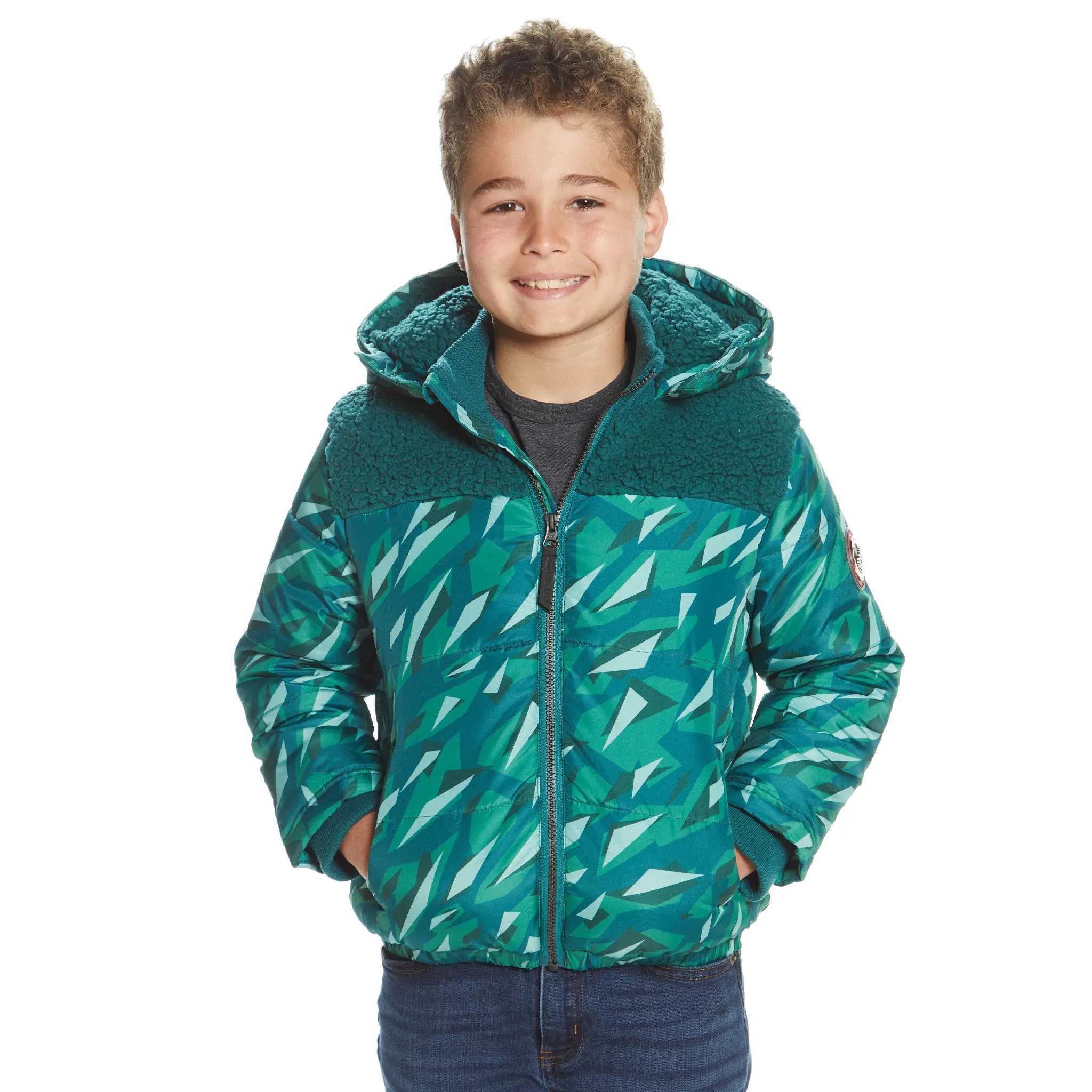 Boys Geo Camo Sherpa Shoulder Puffer Coat