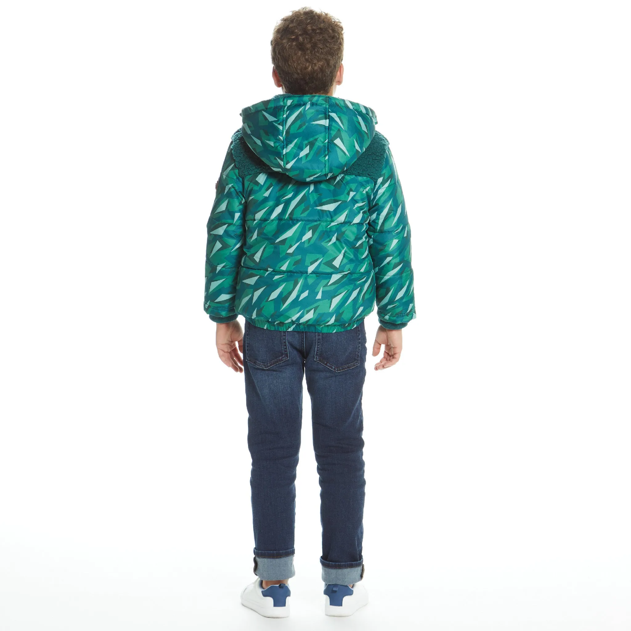Boys Geo Camo Sherpa Shoulder Puffer Coat