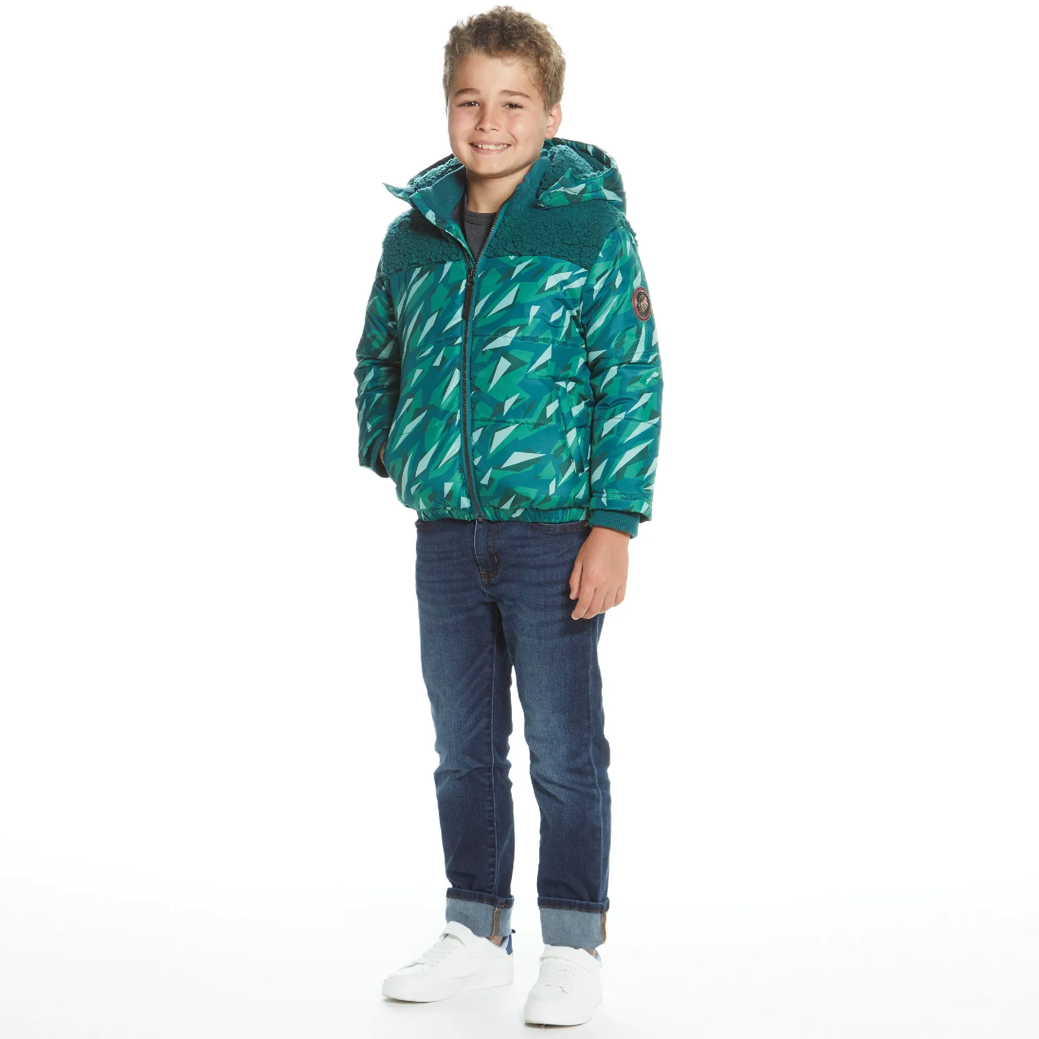 Boys Geo Camo Sherpa Shoulder Puffer Coat