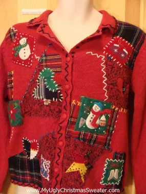 Red Crafty Patchwork Embroidered Funny Ugly Sweater
