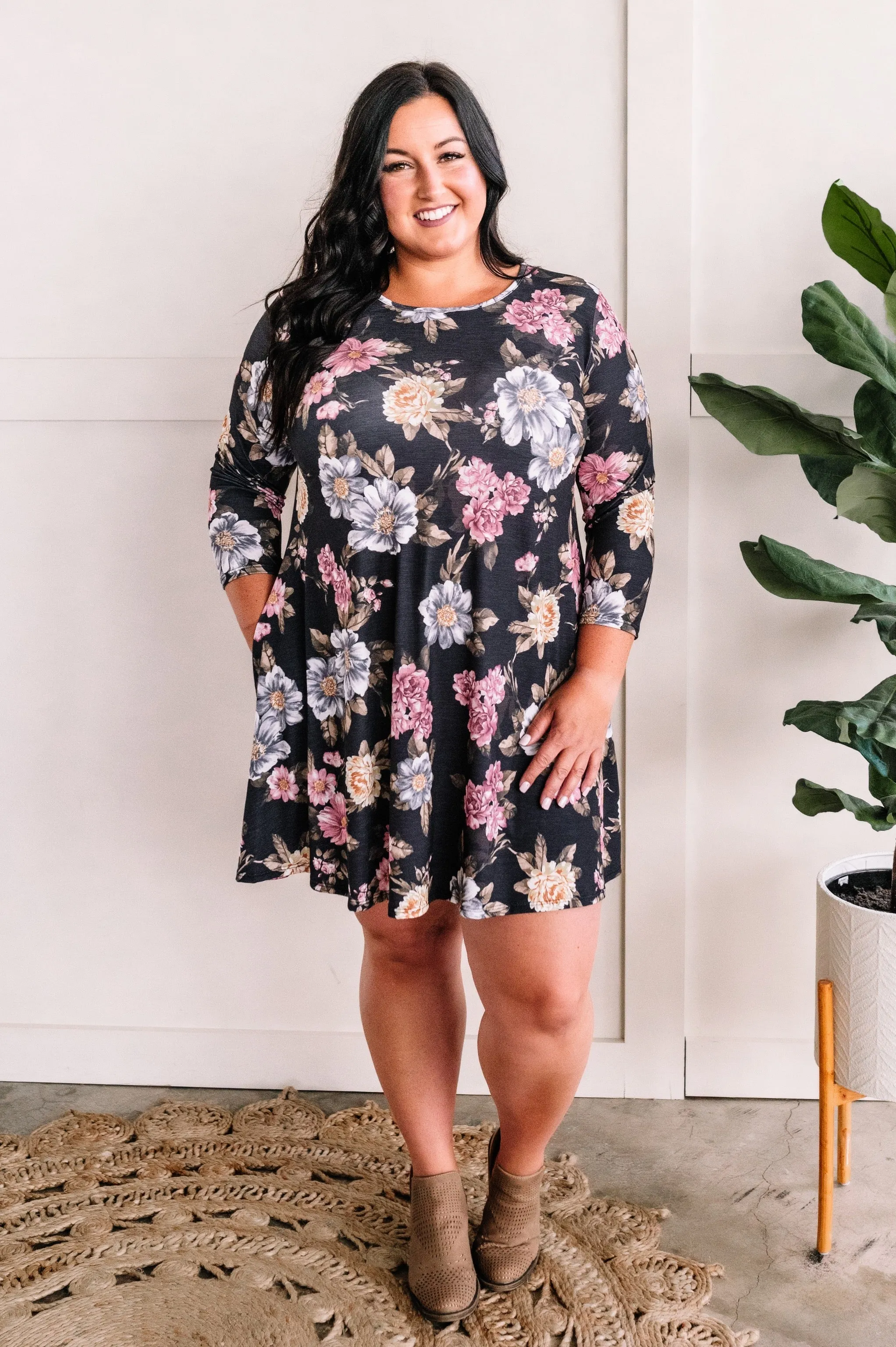 Shift Dress With Pockets In Slate Gray With Colorful Peony